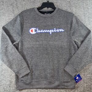 Champion Mens Fleece Sweatshirt Long Sleeve Crew Neck Script Logo Gray Sz L NEW